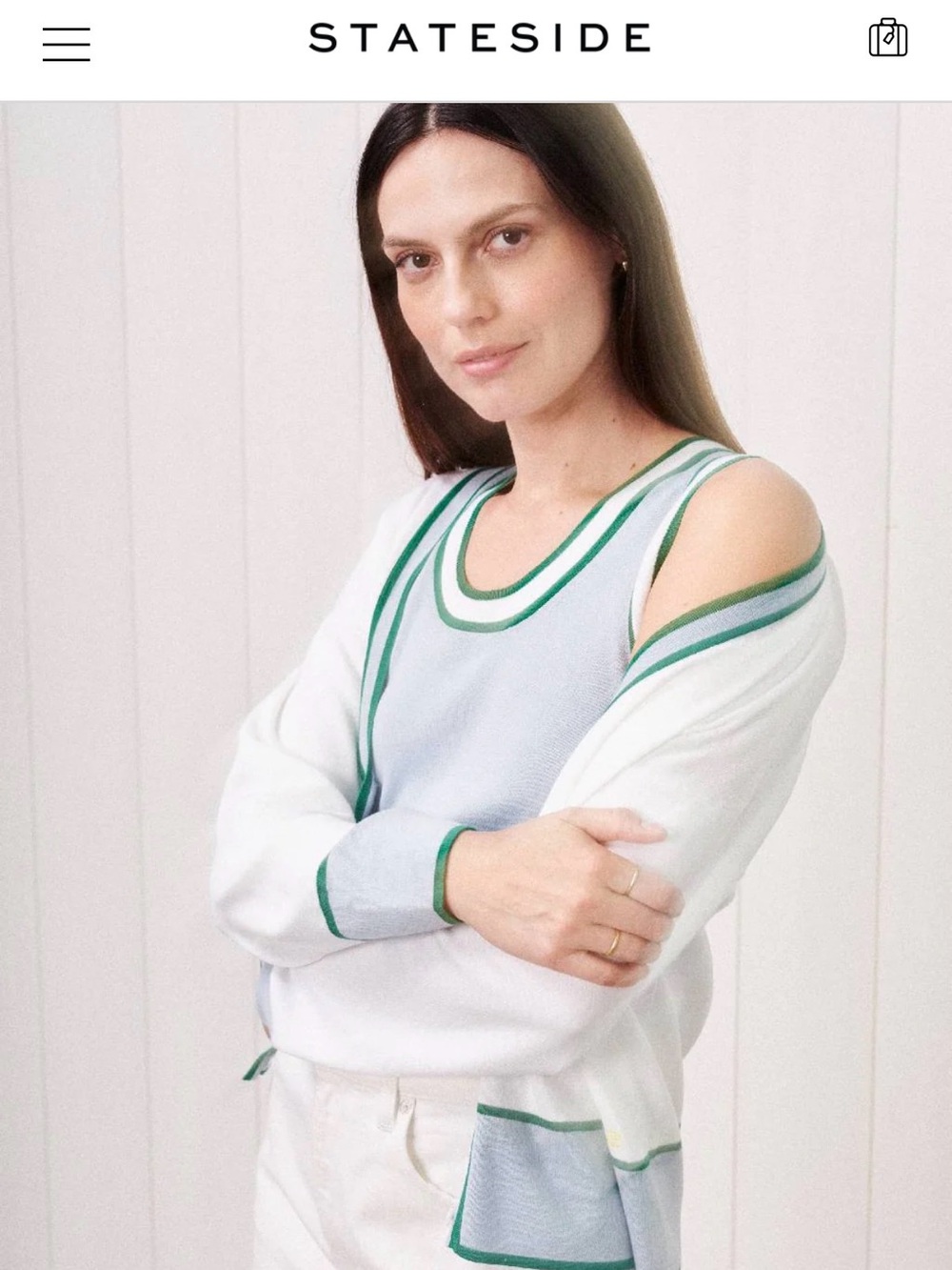 Stateside Cream Knit Cardigan with Blue and Green Ribbed Trim